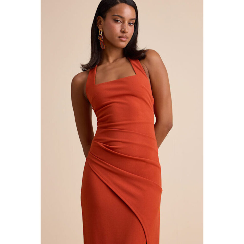 Lulus Abriana Rust Orange Pleated Halter Maxi Dress - Size XS